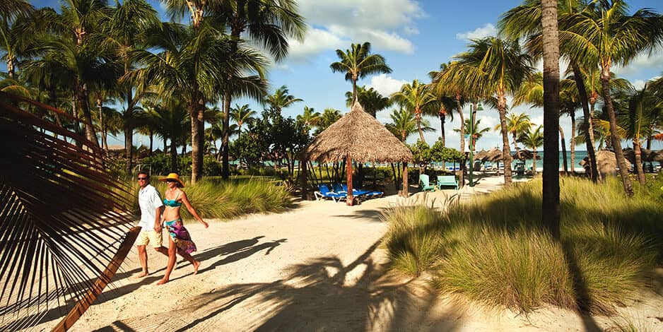 Couple holding hands walking through the sand and palm trees