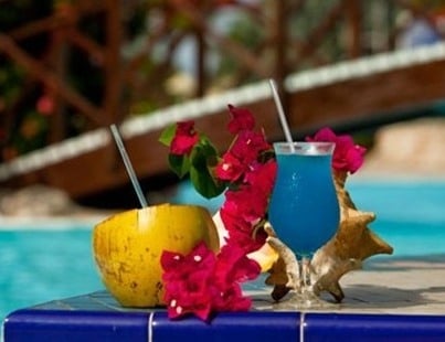 Blue and coconut drink next to pool