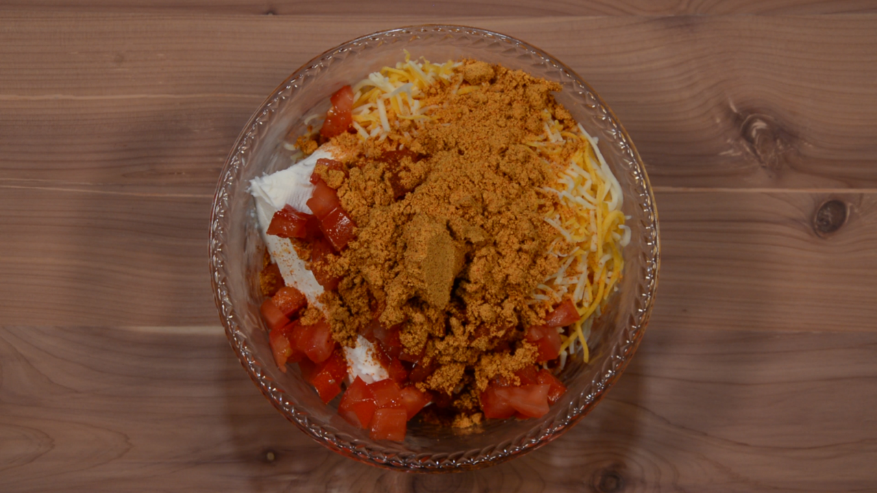 Cream cheese and sour cream, plus salsa, cheese and taco seasoning