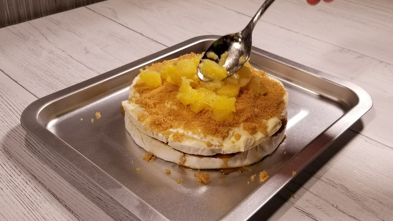 Brown sugar and pineapple on top of brie, Pina Colada Brie