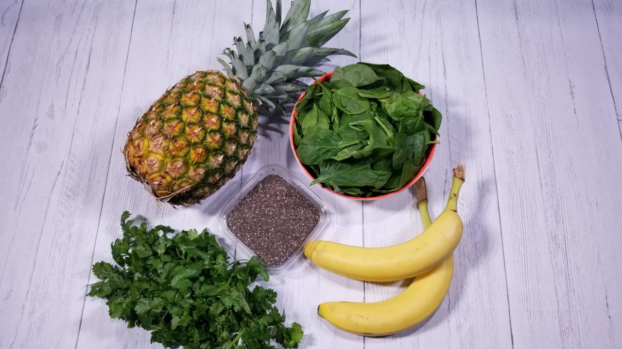 Pineapple, spinach, chia seeds, bananas, cilantro, Caribbean Green Smoothie