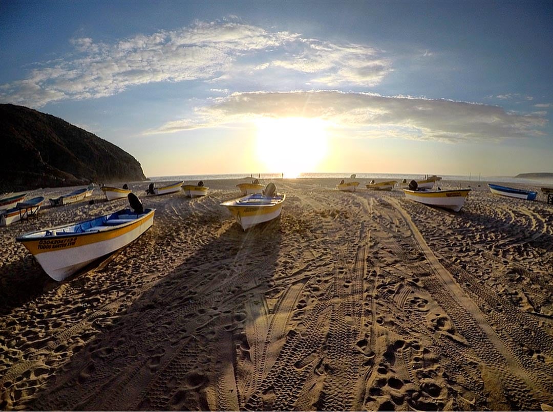 Beach with boats and sunset, Todos Santos, Mexico