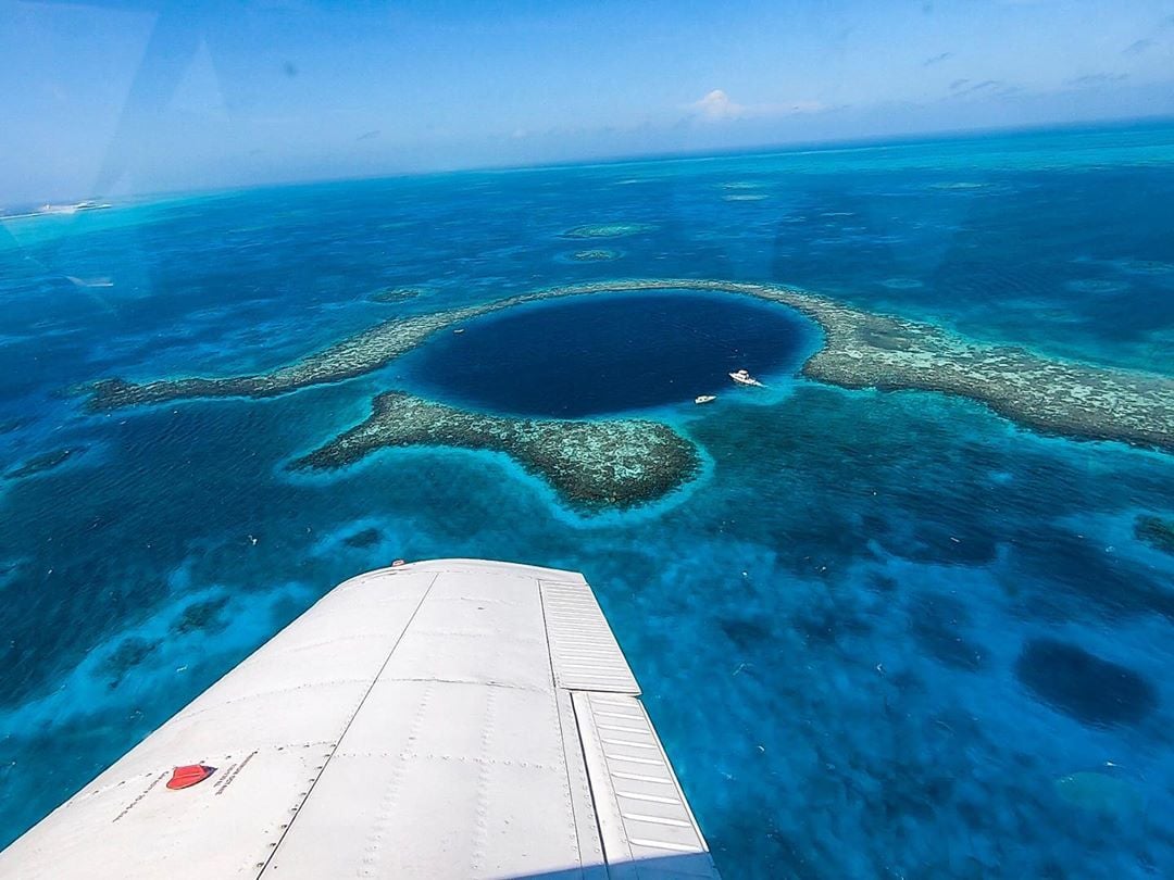 Overhead view of Great Blue Hole from airplane. 