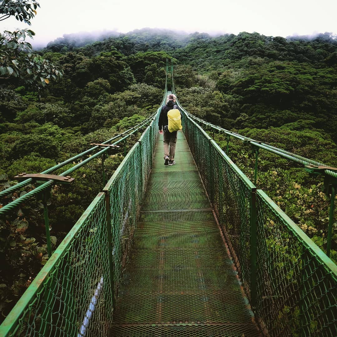 Man on suspension bridge surrounded by trees and clouds. 