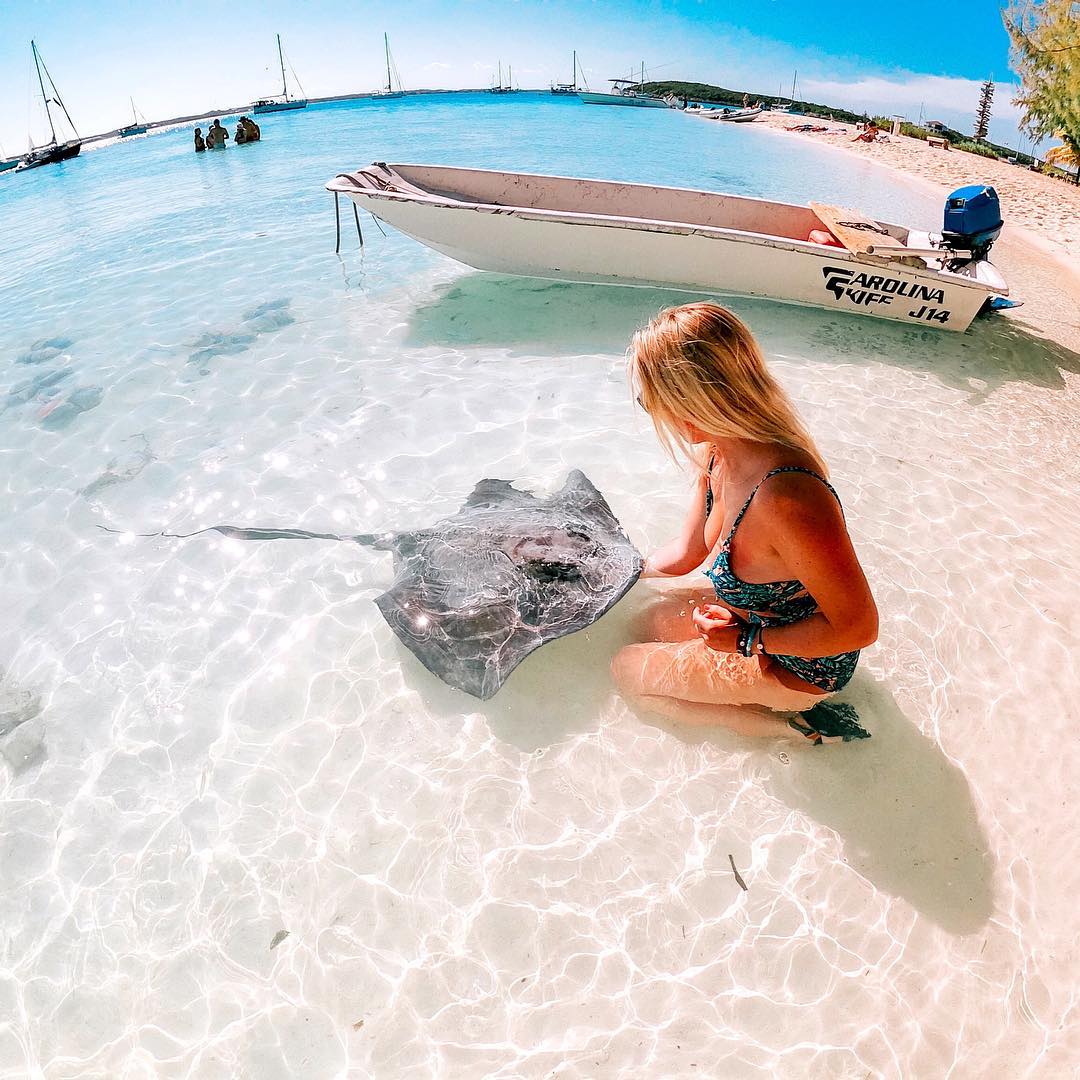 Girl feeding stingray in the water of Stocking Island.