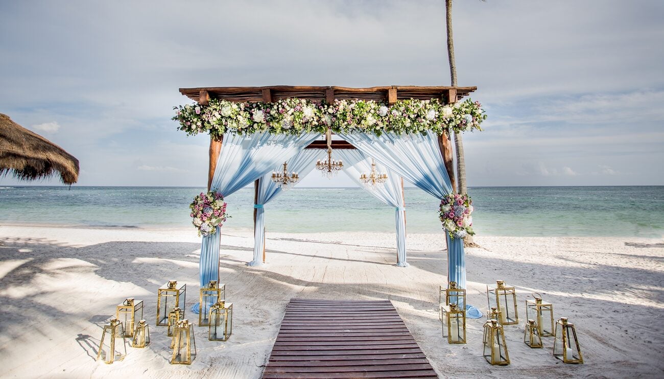 Wedding altar on beach.